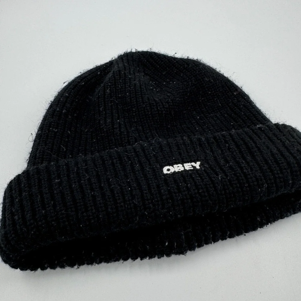 OBEY Knit Beanie Hat Black‎ Ribbed Cuff Logo Winter Warm